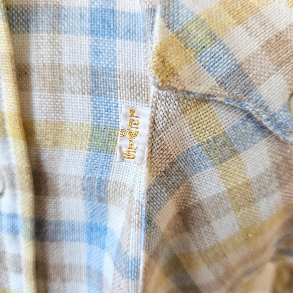 Vtg 70s LEVI'S Plaid Yellow Blue Button Front Belted Shirt Dress Midi 13/14 M/L - Picture 4 of 7